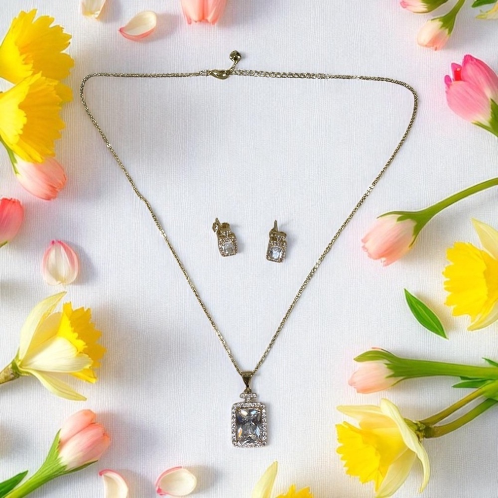 14k GoldElectroplated With Cz Stones Pendant Necklace and Earrings Set